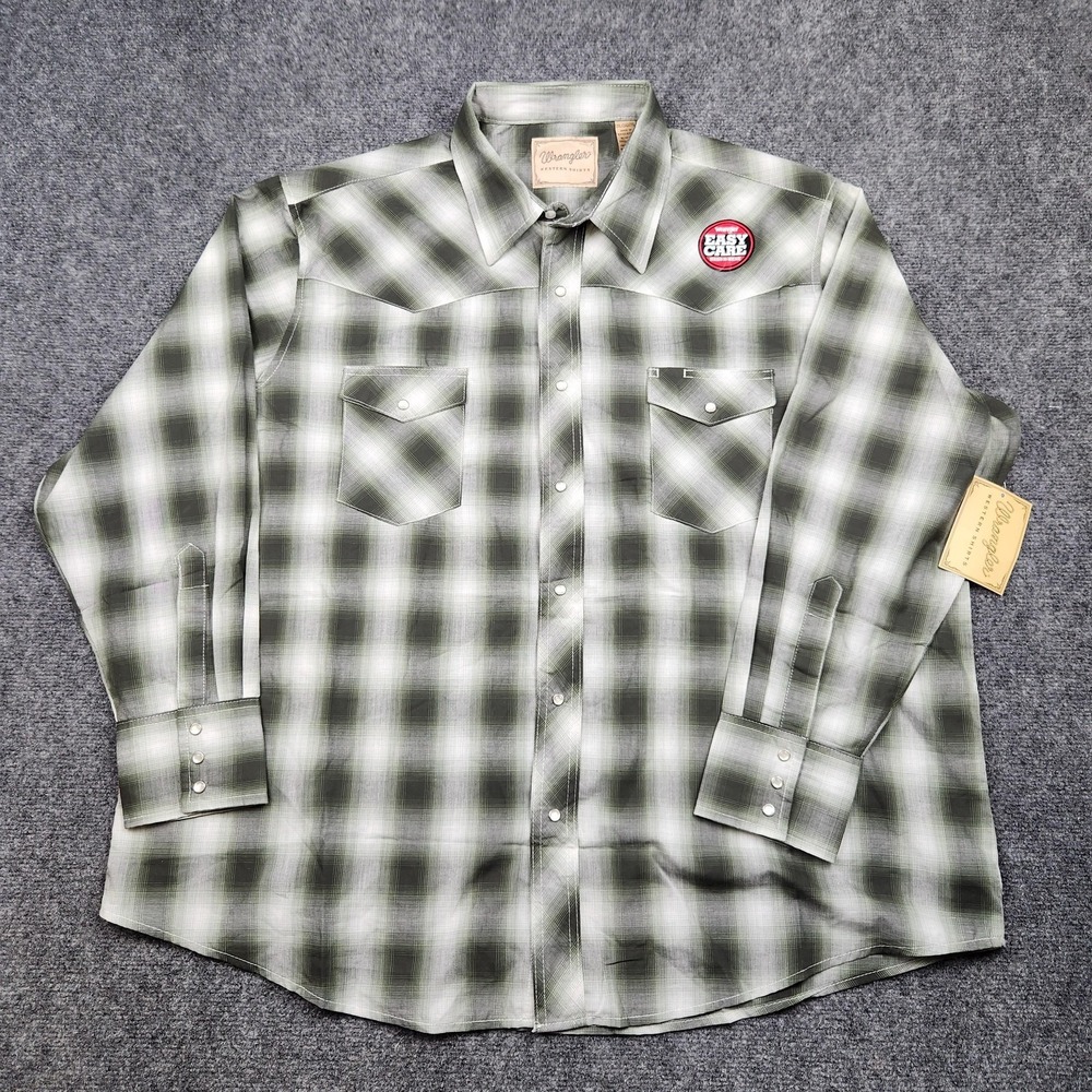 Wrangler‎ Western Shirt Mens 2XL Green Plaid Pearl Snap Long Sleeve Rodeo Cowboy